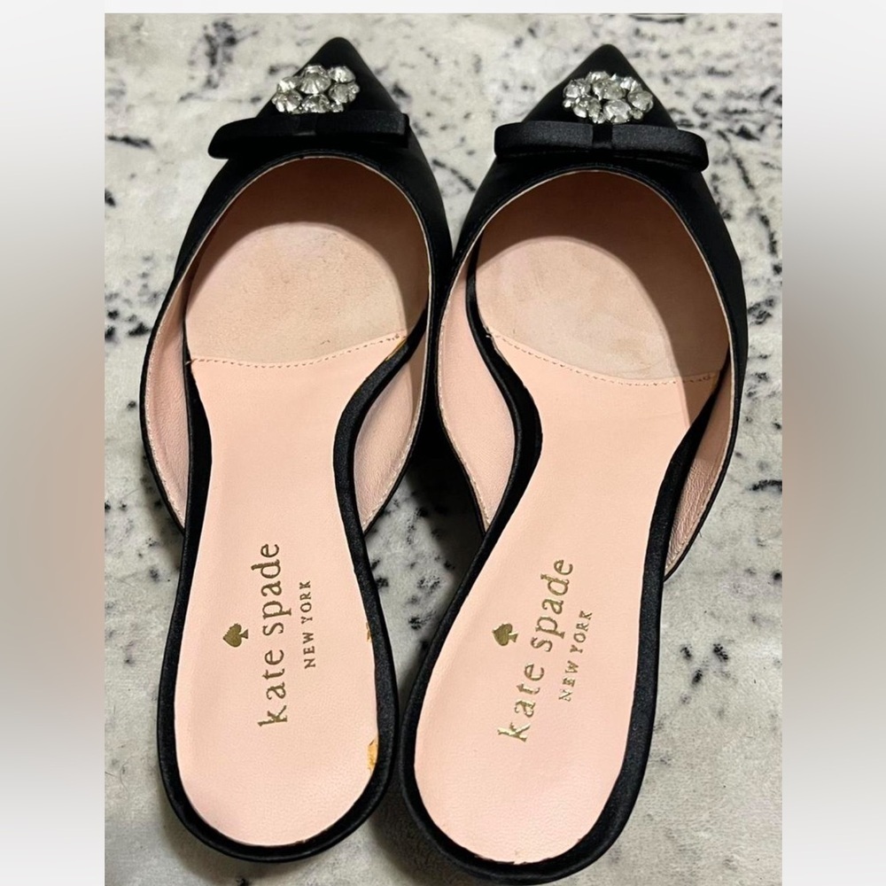 Kate Spade Darlene Black Satin Jewelled Bow Kitten Heel Slide Mules 8.0 -Defaced - Picture 4 of 6